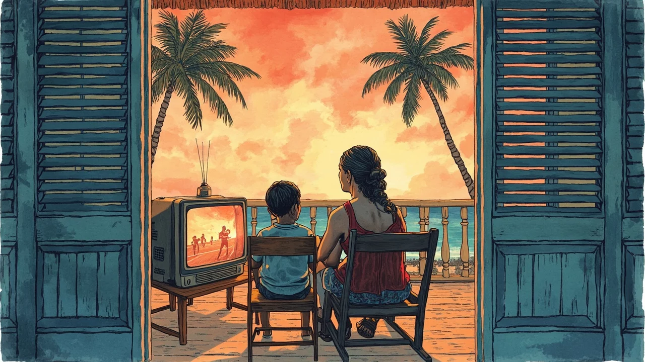 Campagne canal+ antipiratage reunion — illustration éditoriale créole, varangue en bois et TV cathodique, coucher de soleil sur les DROM, production Wopé Havas Réunion 2021