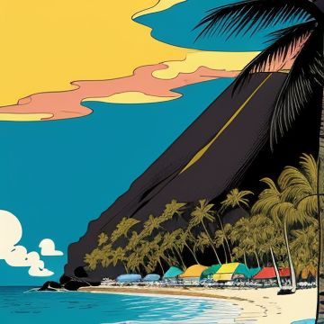 Illustration BD style franco-belge montrant une caméra de cinéma sur plage de sable noir volcanique à La Réunion avec cocotiers et le Piton de la Fournaise en éruption. Style ligne claire humoristique.