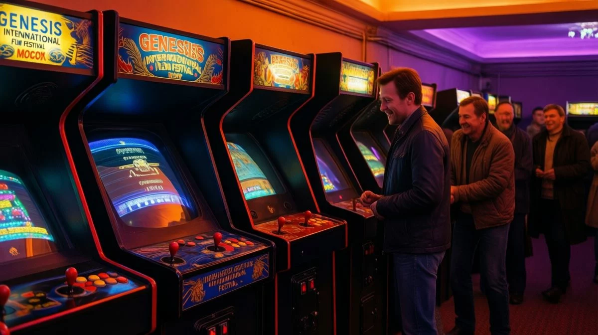 Festival cinématographique international a Moscou avec ambiance arcades sovietiques et eclairage vibrant aux couleurs Wope (orange et violet)