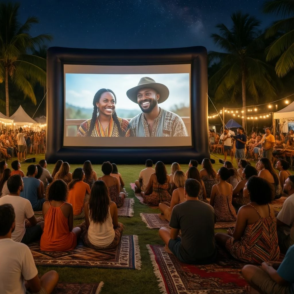 Projection de film en plein air lors d'un festival a La Reunion
