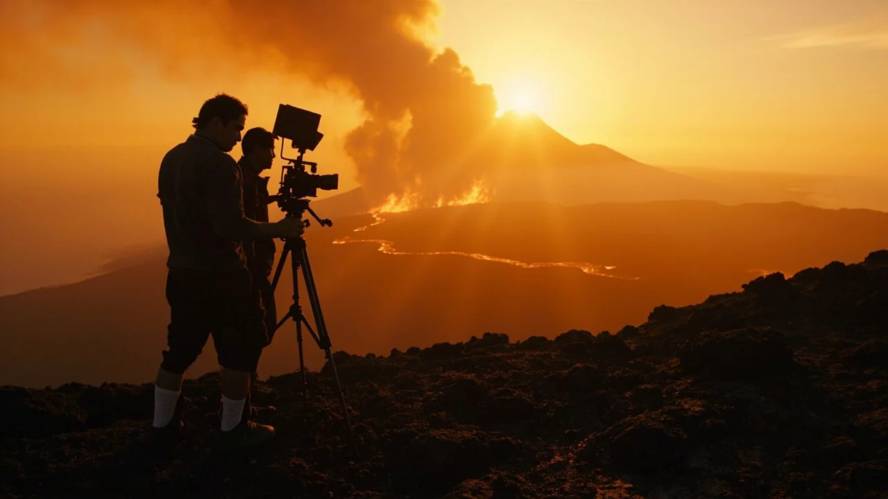 Production audiovisuelle La Réunion - équipe en tournage cinématographique avec le volcan Piton de la Fournaise