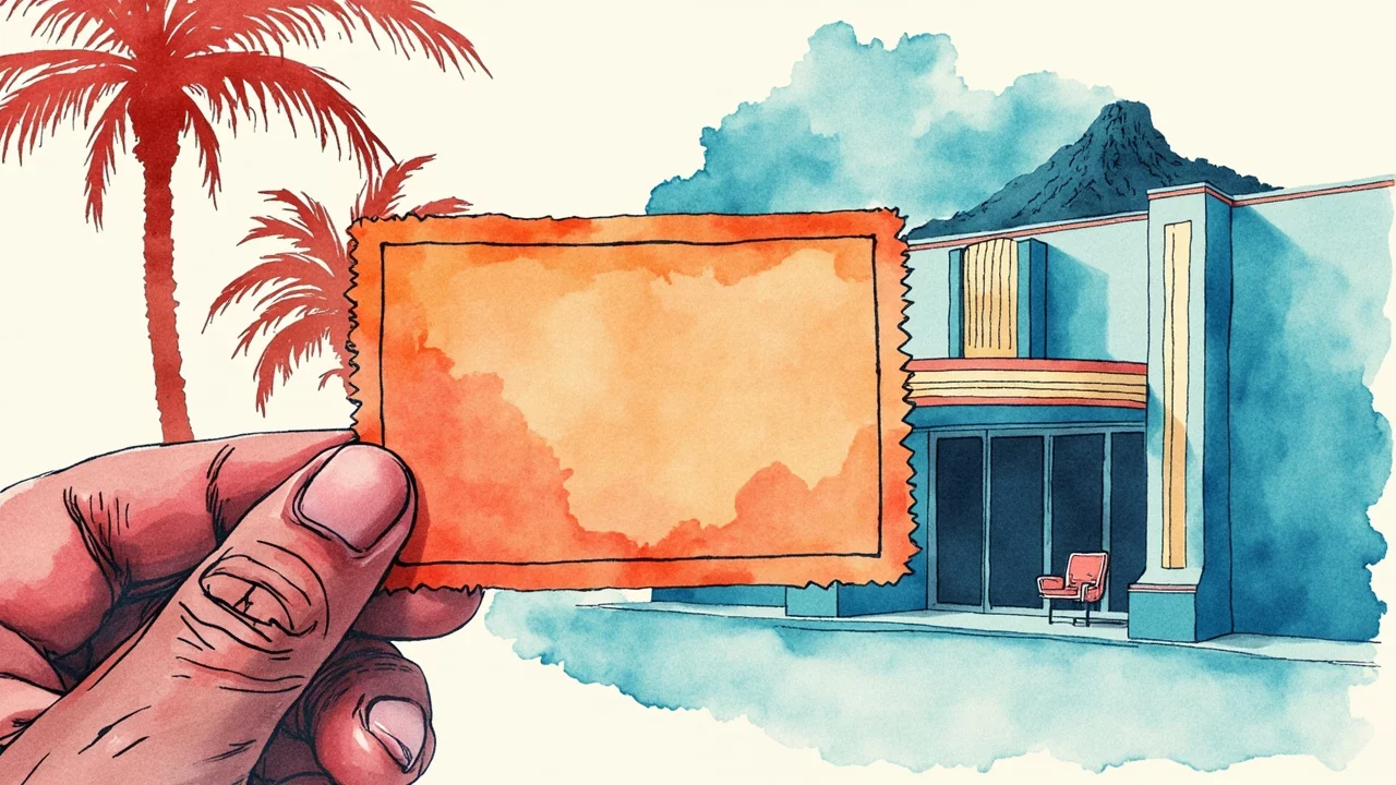 Billet de cinéma réunionnais tenu devant un cinéma Art Déco tropical — cinéma réunionnais autonomie