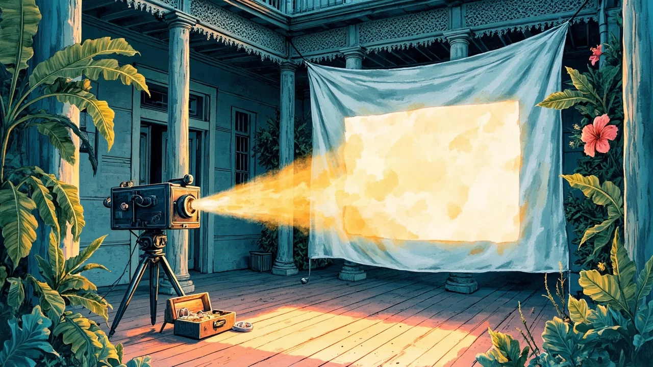 Projecteur dans une case créole avec lambrequins et plantes tropicales — cinéma réunionnais autonomie