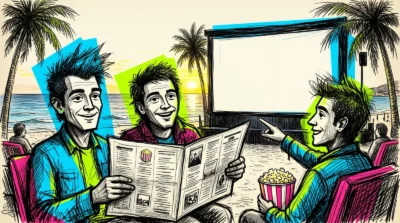 Programme des sorties cinéma La Réunion 2026-S44 : trois amis sur une plage comparent un immense programme devant un cinéma en plein air au coucher du soleil. Dessin à l'encre