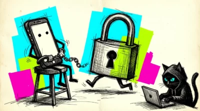 Un smartphone menotté sur un tabouret, un cadenas en fuite et un chat à capuche qui pirate un ordinateur portable, dessin à l'encre sur fond de papier crème