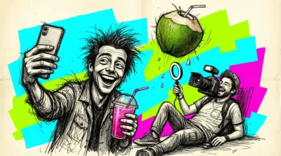 Un influenceur hilare fait un selfie avec un smoothie rose pendant qu'une noix de coco tombe sur le perchiste allongé, dessin à l'encre