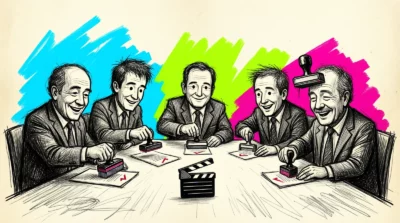 Cinq décideurs souriants tamponnent des dossiers autour d'une table, l'un d'eux a un tampon posé sur le crâne, dessin à l'encre