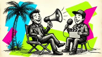 Un réalisateur détendu au mégaphone dans un fauteuil et son assistant au micro et au clap sous un palmier, dessin à l'encre