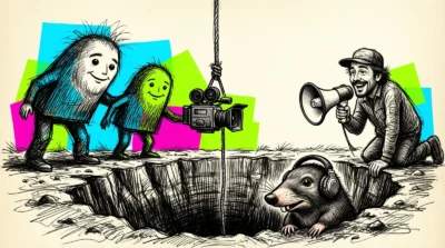Une taupe avec un casque audio au fond d'un trou pendant qu'une équipe descend une caméra à la corde, dessin à l'encre