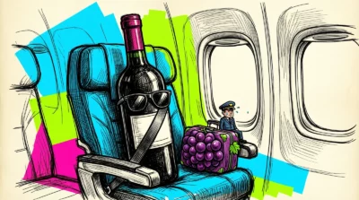 Une bouteille de vin à lunettes de soleil attachée dans un siège d'avion, avec une valise en forme de raisin, dessin à l'encre