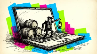 Un homme à la lanterne explore des tonneaux posés sur un clavier d'ordinateur portable géant, dessin à l'encre