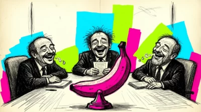Trois jurés écroulés de rire devant une banane rose géante posée en trophée, dessin à l'encre
