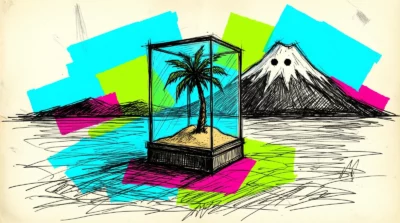 Un palmier sous vitrine de musée devant un volcan aux yeux ronds, dessin à l'encre