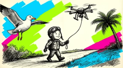 Un petit pilote souriant promène son drone en laisse sous le regard d'une mouette, dessin à l'encre