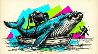 Une baleine à lunettes de soleil portant un appareil photo dans une barque, le cameraman bascule dans l'eau, dessin à l'encre