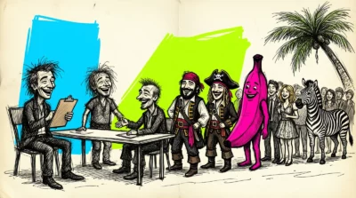 Un casting de figuration : pirates, banane rose et zèbre font la queue devant un recruteur souriant, dessin à l'encre