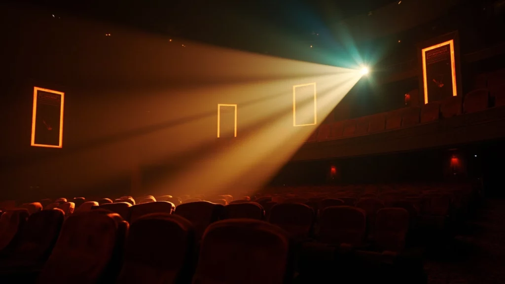 Salle de cinéma vide traversée par le faisceau orange d'un projecteur