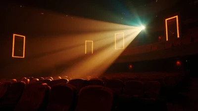 Salle de cinéma vide traversée par le faisceau orange d'un projecteur