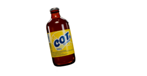 Bouteille de boisson gazeuse COT CITRON avec étiquette jaune, lettres bleues et blanches, volume 33CL sur fond noir.