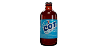 Bouteille de boissons avec étiquette bleue 'COT AMERICAN' et logo cowboy, 33CL.
