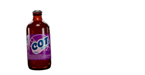 Bouteille de boissons gazeuses COT FRUTALLO avec étiquette violette sur fond noir.