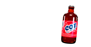 Bouteille rouge avec étiquette COT GRENADINE et texte 33CL sur fond noir.